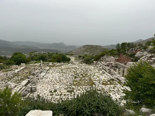 Sagalassos Antik Kenti'nde taş yollar ve dağ manzarası.