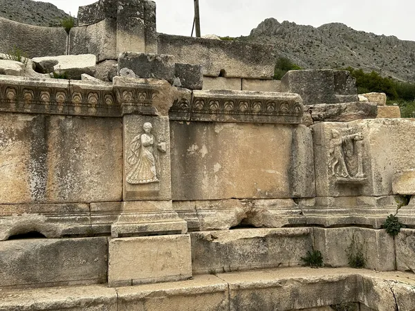 Sagalassos antik kentinin kalıntıları, taş duvarlar ve kabartmalarla dolu bir yapıyı gösteriyor.