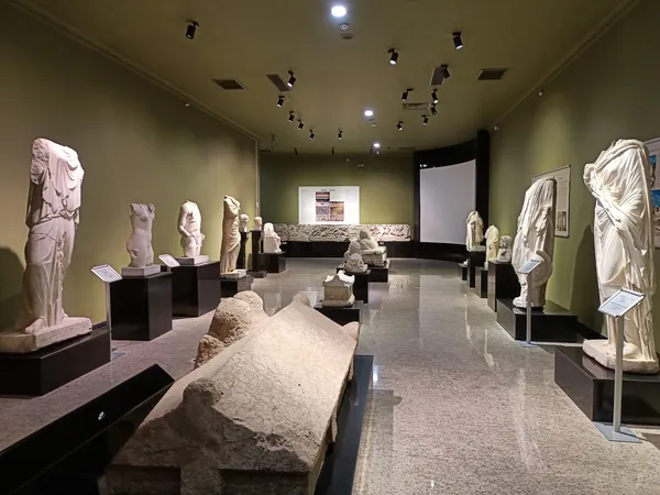 Yeşil duvarlarla çevrili müze salonunda taş heykeller ve bilgi panoları yer alıyor.