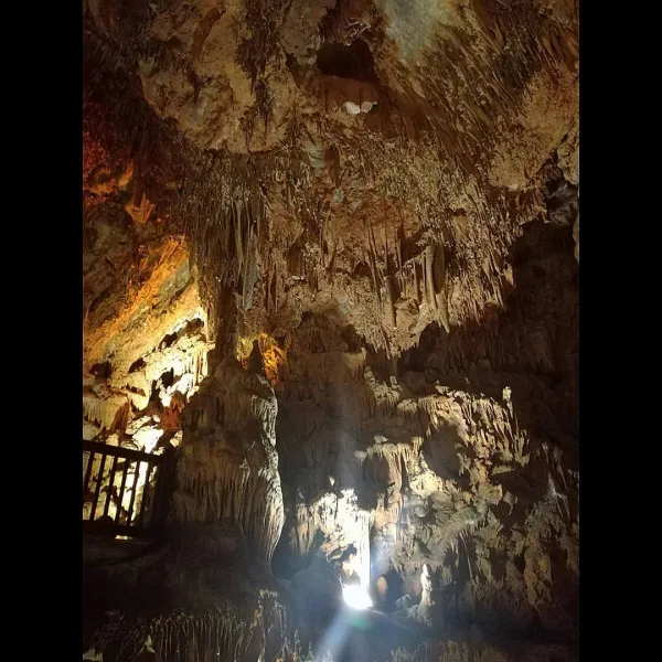 Damlataş oluşumlarıyla kaplı mağara iç mekanında sarkıtlar ve dikitler görülüyor.
