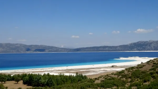 Derin mavi göl, beyaz tuzlu alanlar ve yeşil ağaçlarla çevrili huzurlu bir doğa manzarası.