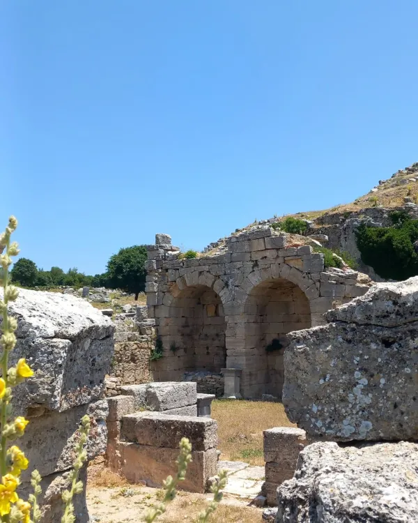 Eski yapının kalıntıları, mavi gökyüzü ve sarı çiçeklerle çevrili.
