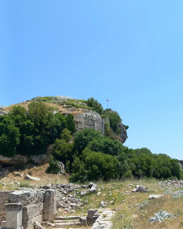 Yemyeşil bir tepe, kayalar ve ağaçlarla kaplı, arka planda açık mavi gökyüzüyle
