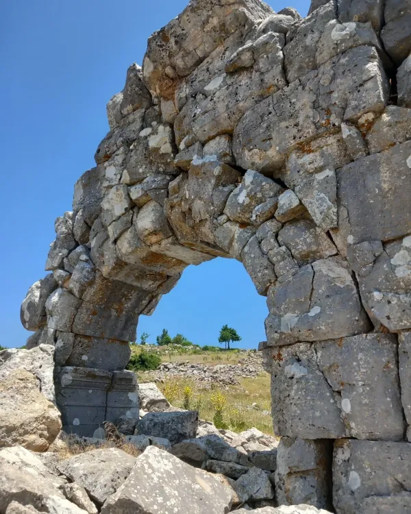 Tarihi taş kemer, yosunlu yapısı ve yeşil alanın arka planda yer aldığı bir görüntü.