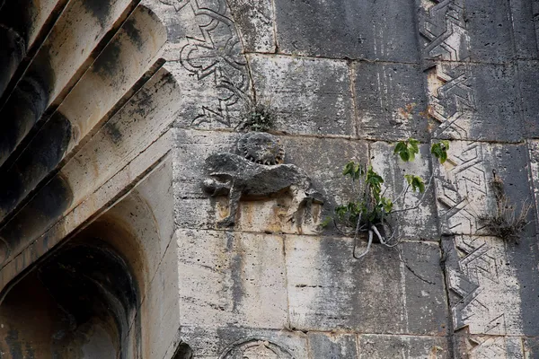 Eski taş duvarlar, yosun tutmuş işlemeler ve çevresindeki bitkiler.
