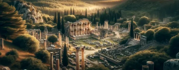 Bourbon antik kentinde yüksek sütunlar ve büyük yapının kalıntıları, yemyeşil ormanla çevrili.