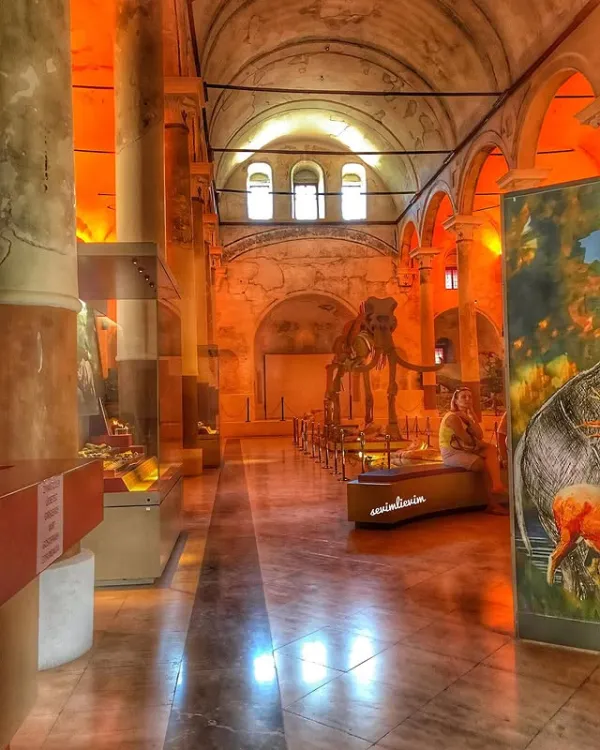 Tarihi iç mekan, yüksek tonozlu tavan ve dikkat çekici iskelet yapısı ile aydınlatılmış.