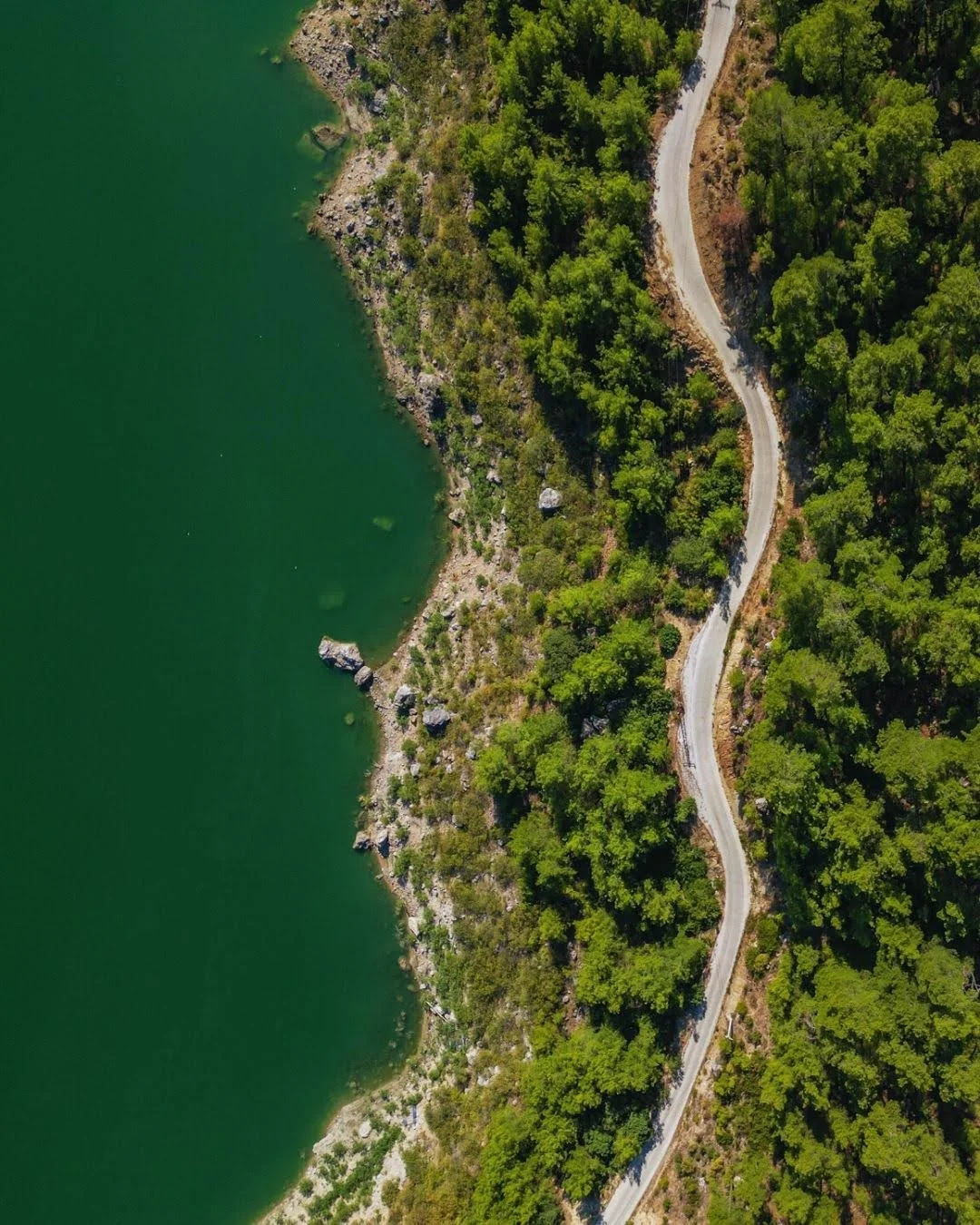 Yemyeşil ormanlarla çevrili, derin yeşil su ve kıvrımlı yol manzarası.
