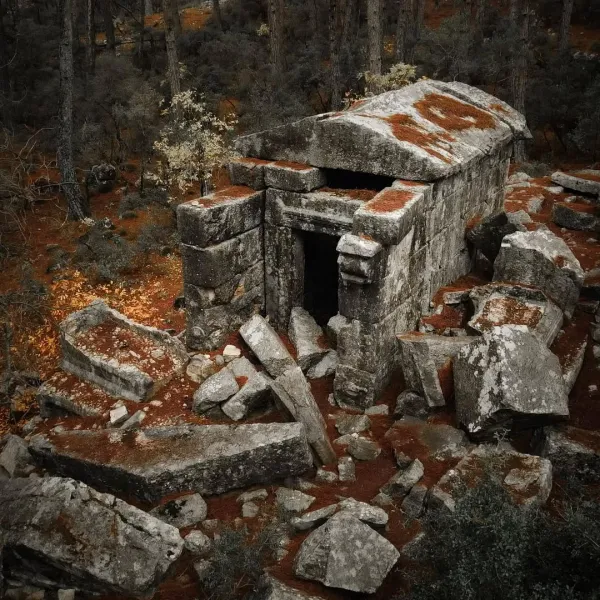 Yoğun ormanda yer alan eski taş yapının kalıntıları ve karanlık girişi