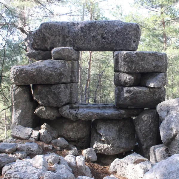 Ormanlık alanda yer alan büyük taş yapının kalıntıları ve çevresindeki doğal zemin