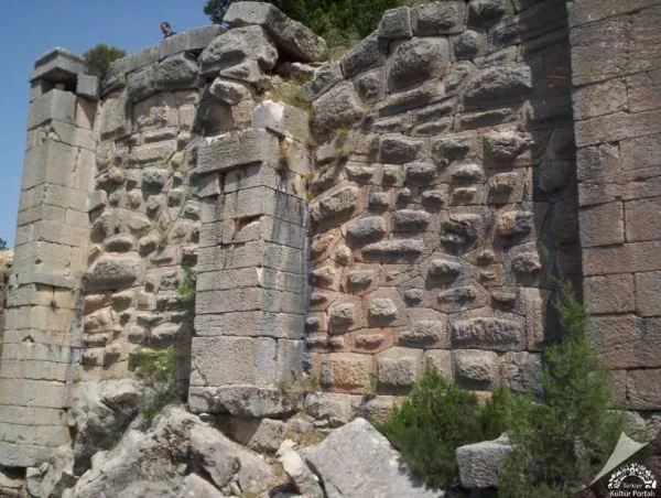 Eski taşlardan yapılmış kalıntılar, iki sütun ve yeşil bitki örtüsüyle çevrili