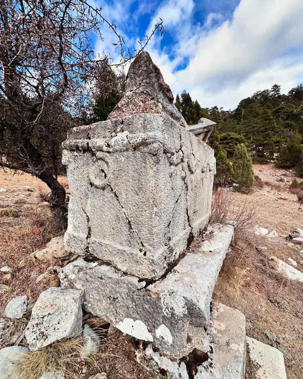 Eski taş yapının kalıntıları, çevresindeki doğal taşlar ve yosunlar ile yeşil dağlık alan
