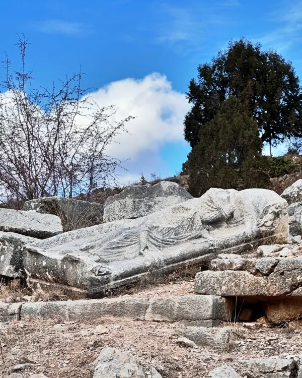 Bitki örtüsüyle kaplı alanda büyük bir taş mezar, üzerinde işlenmiş insan figürü ve çevresindeki kayalar