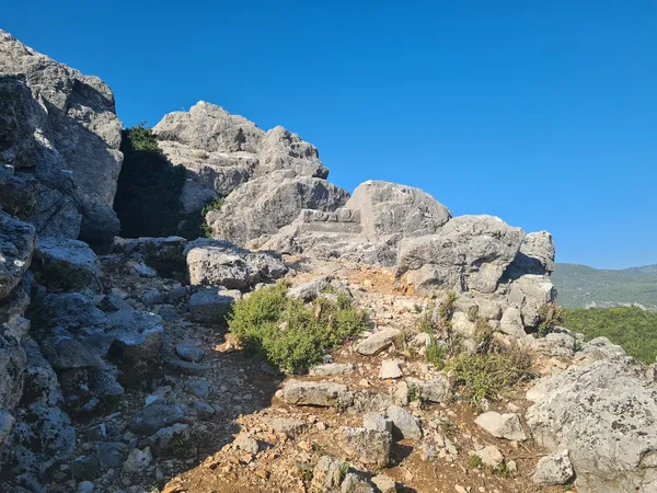 Büyük kayalık alan, yeşil bitki örtüsü ve yürüyüş patikası ile huzurlu bir manzara sunuyor.