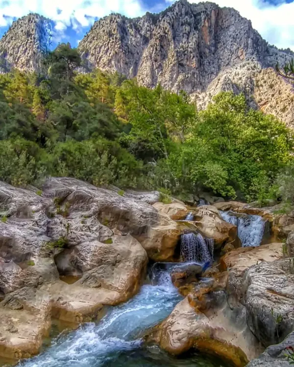 Yüksek dağlar ve yemyeşil ormanlarla çevrili akarsuyun kayalar arasında aktığı doğal manzara.