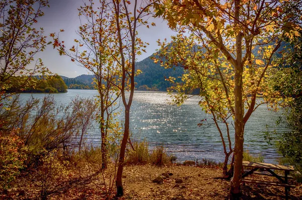 Sonbahar renkleriyle bezenmiş ağaçlar ve parlayan göl manzarası.