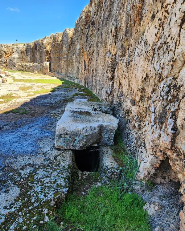 Yüksek taş duvar ve yeşil bitki örtüsü ile çevrili düz arazinin görüntüsü