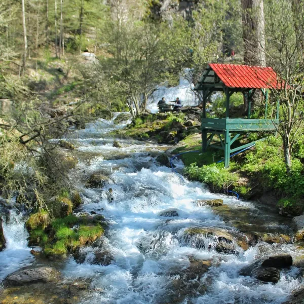 Berrak suyu ve beyaz köpükleriyle akan dere, yeşil çatılı yapı ve şelale manzarası