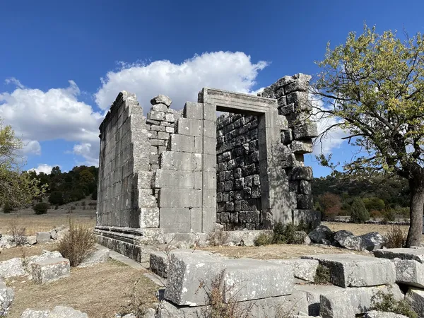 Eski yapının kalıntıları, yeşil ağaçlar ve mavi gökyüzü ile tarihi ve doğal güzellikleri bir arada sunuyor.
