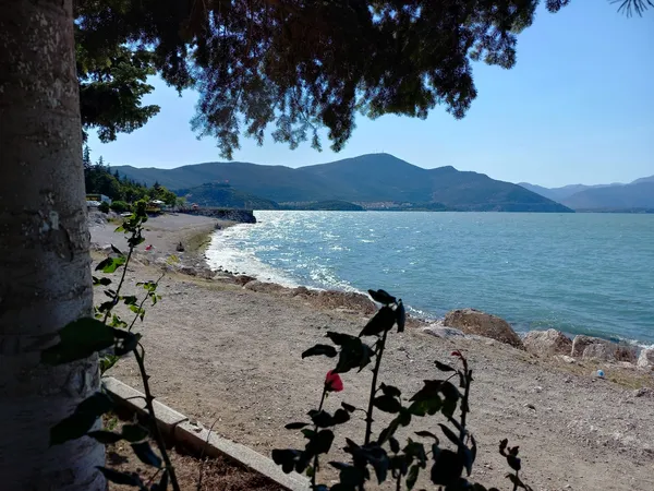 Sakin bir sahil manzarası, ışık yansıması ile parlayan göl ve dağlık kıyı