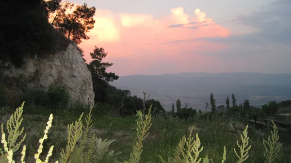 Dağlık bölgede yeşil bitki örtüsü ve gün batımı gökyüzü.