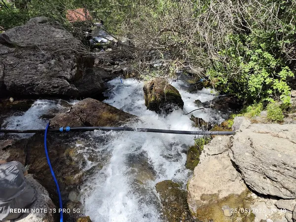 Hareketli bir dere, çevresinde yeşil bitkiler ve kayalarla doğal bir manzara sunuyor.