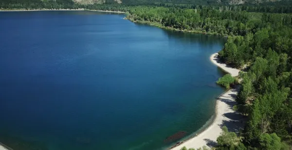 Gölcük Tabiat Parkı'nda mavi su, yeşil ağaçlar ve sakin bir plaj görüntüsü.