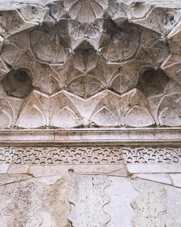 Detaylı duvar süslemesi, çiçek ve yaprak motifleriyle bezeli zarif geometrik şekiller.