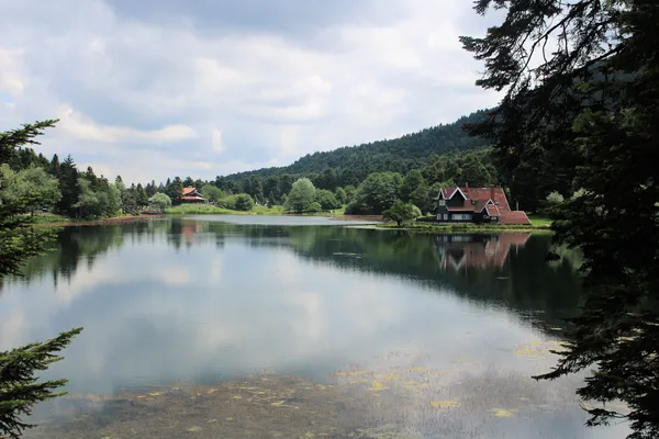 Sakin gölün yüzeyinde bulut yansımaları ve yeşil ağaçlarla çevrili dağlık alan.