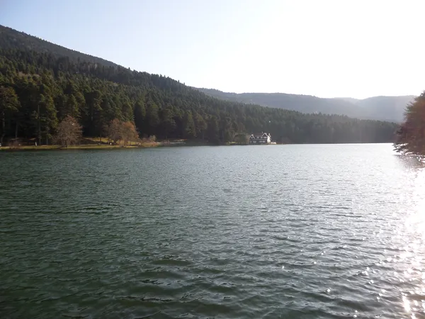 Hafif dalgalı göl, yemyeşil ormanlar ve dağ silüetleriyle huzurlu bir manzara.