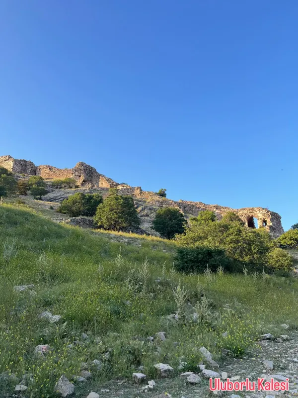 Tepe üzerinde tarihi kalıntılar, mavi gökyüzü ve yeşil alanla çevrili