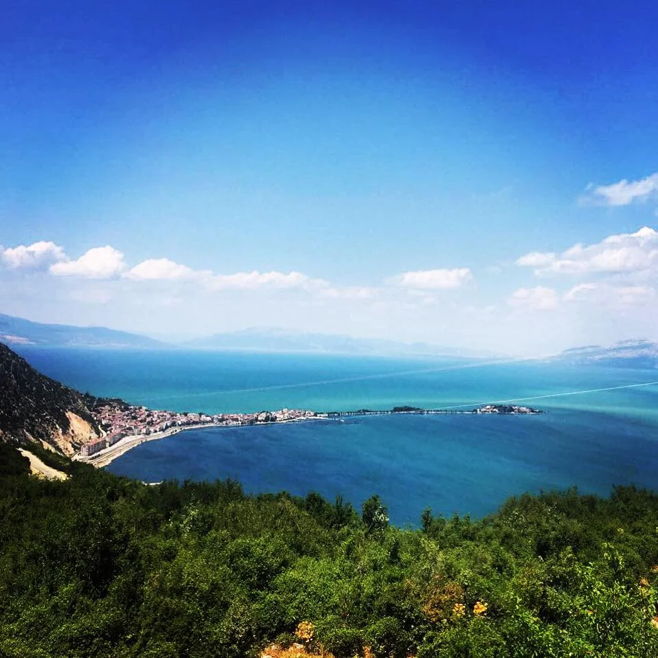 Geniş deniz manzarası, yeşil ağaçlar ve dağ silsileleriyle huzurlu bir atmosfer.