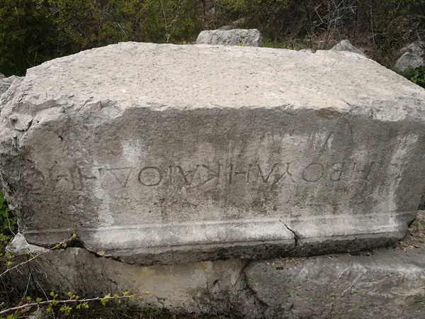 Yüzeyinde yazı izleri bulunan büyük taş, yeşil bitkilerle çevrili.