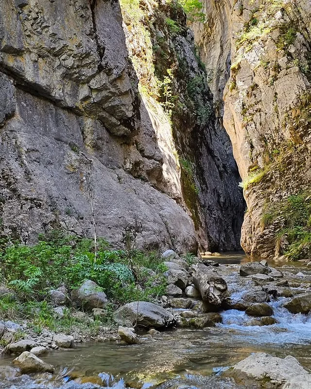 İki yüksek kayalık arasındaki kanyon ve akan dere manzarası
