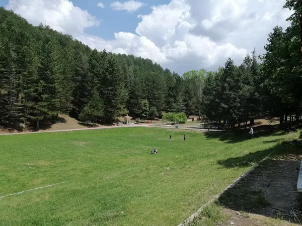 Geniş yeşil alanda yürüyüş yapan kişiler ve ağaçlar arasında dinlenme alanları.