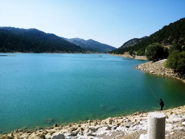 Açık mavi göl, göl kenarındaki taşlar ve balıkçı ile huzurlu doğa manzarası.