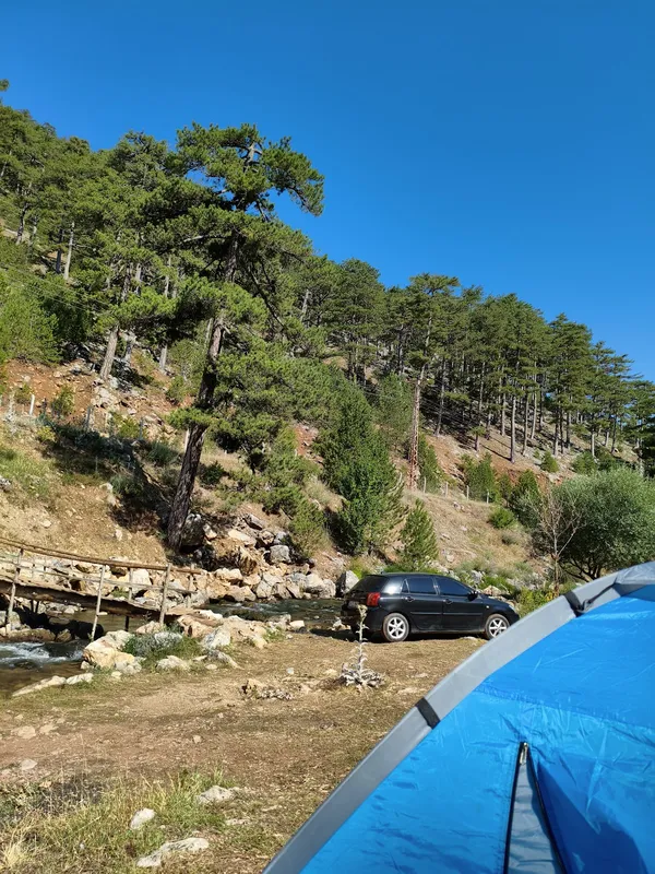 Kamp alanında tente, dere ve yeşil ağaçlar görünmekte.