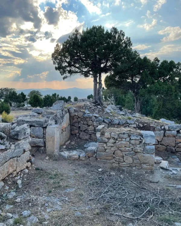 Doğal manzarada taş kalıntıları ve ağaçlarla çevrili huzurlu bir alan
