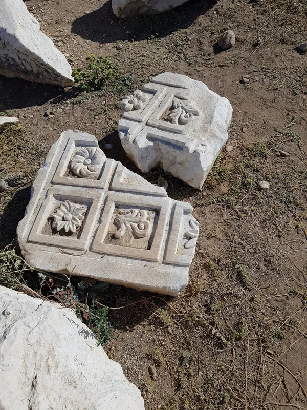 İşlenmiş taş parçası ve doğal motiflerle süslenmiş kalıntılar.