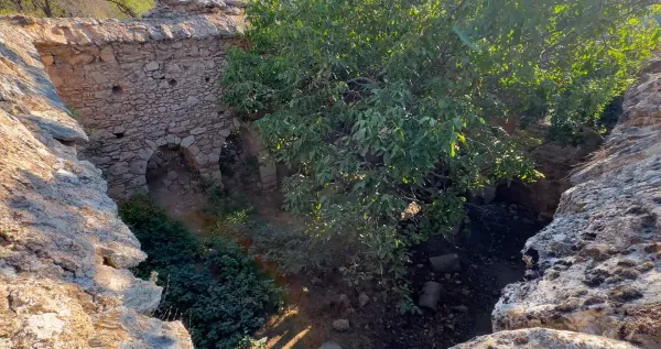 Taşlardan inşa edilmiş eski kilise kalıntıları, etrafında yeşil bitki örtüsüyle doğal güzellikler.