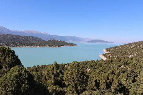 Açık mavi suya sahip Beyşehir Gölü, yeşil ağaçlar ve dağlarla çevrili doğal bir ortam sunuyor.