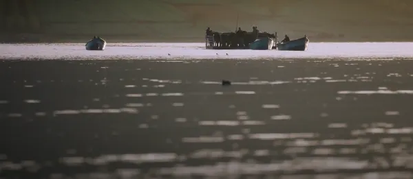 Beyşehir Gölü'nde batan güneşin suya yansıması, kayıklar ve kuşlar.