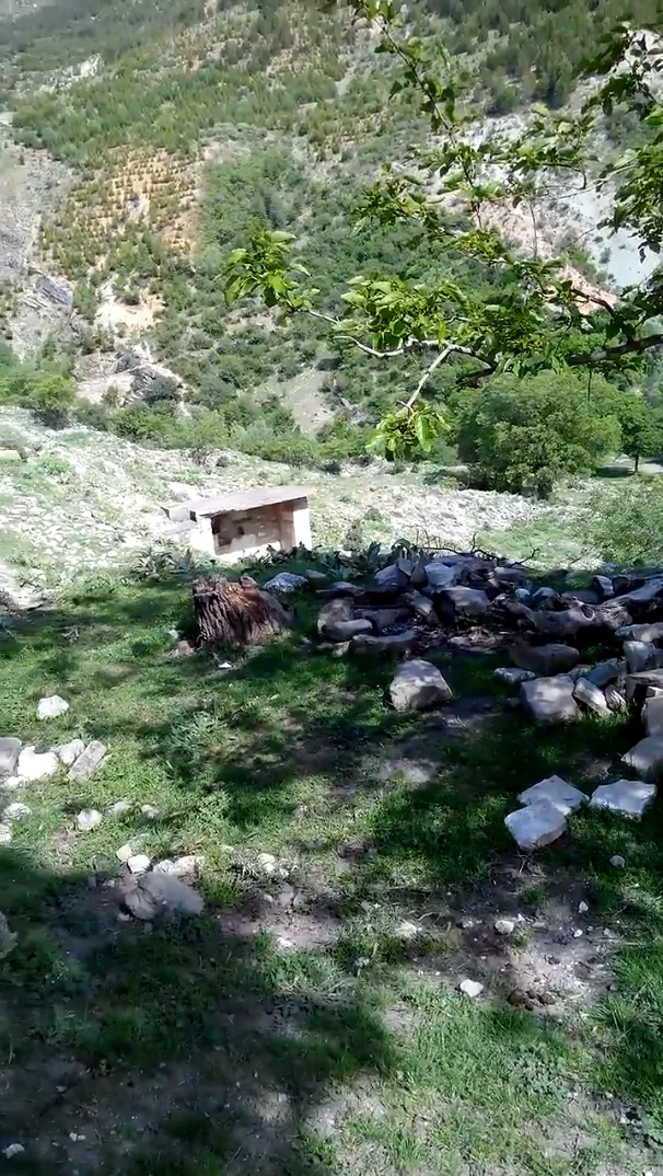 Huzur Veren Manzara - Yeşil alanda taşlar ve dağlık arka plan! Yeşil alanda taşlar ve ağaç kütüğü, arka planda dağlık manzara