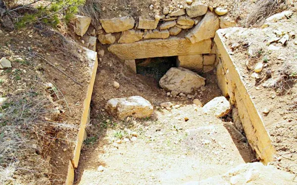 Eski bir yapının girişi, büyük taş bloklar ve yeşil bitki örtüsü ile çevrili