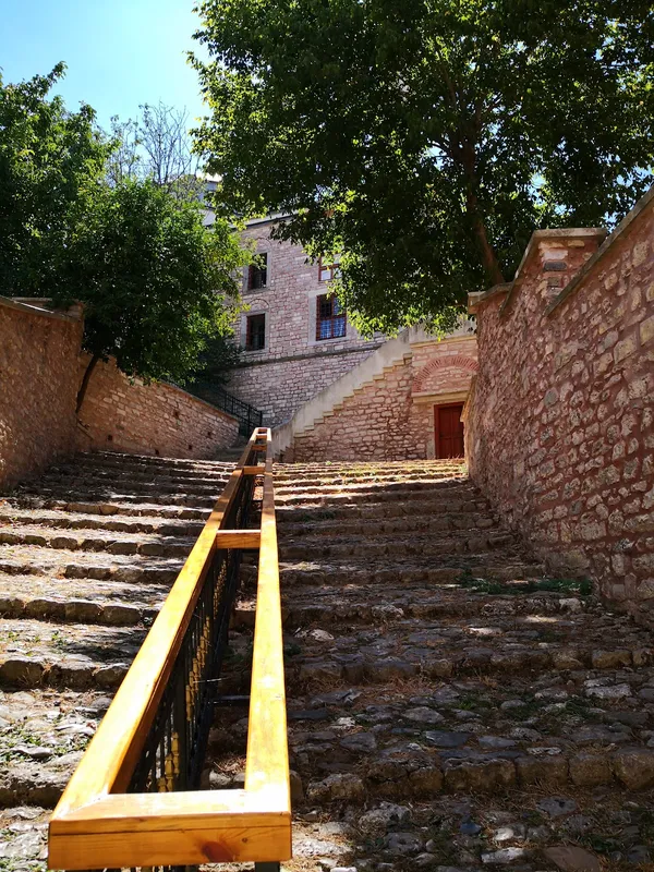 Taşlı merdiven, ahşap korkuluk ve yeşil ağaçlarla doğal bir ortam sunuyor.