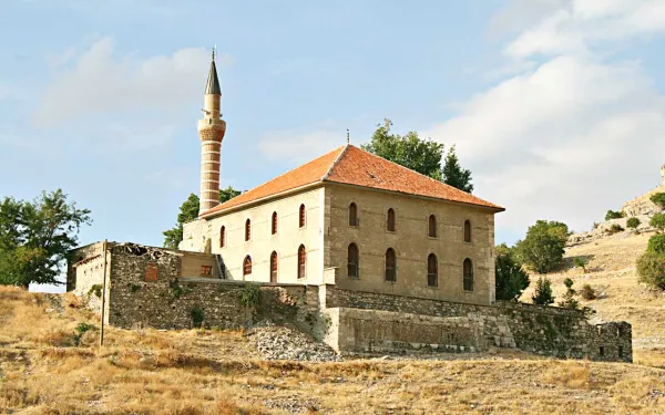 Yeşil ağaçlarla çevrili, kırmızı kiremitli bir cami ve minare.