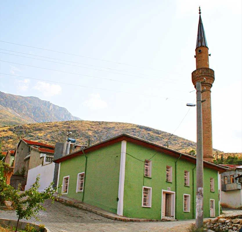 Yeşil ev ve ince minaresiyle Şeyhler Camii, doğal manzarada yer alıyor.