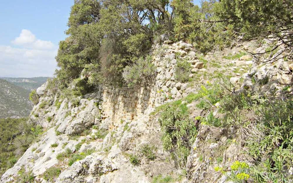 Taş harabe kalıntıları, çevresinde yeşillikler ve dağ manzarasıyla doğal bir alan.