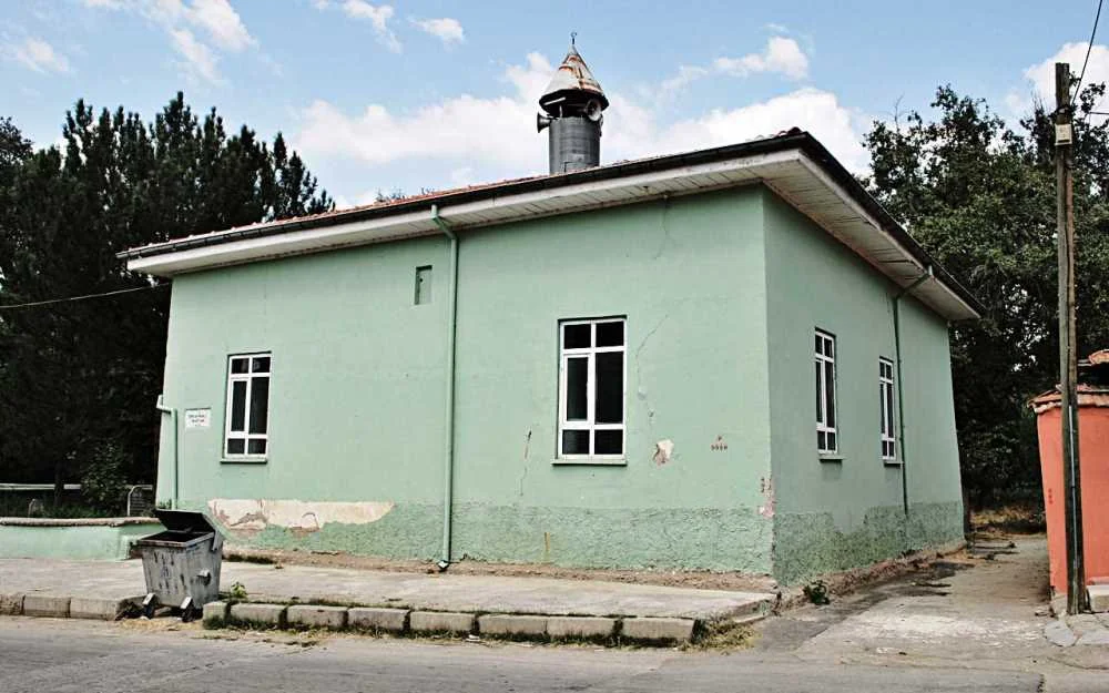 Yeşil binanın görünümü, yanındaki çöp kutusu ve çevresindeki ağaçlar
