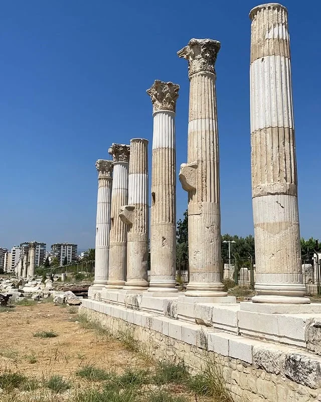 Göz Alıcı Sütunlar! Tarih ve Doğa Kucaklaşıyor Antik sütunlar, modern şehir manzarası ve yeşilliklerin bulunduğu bir fotoğraf.